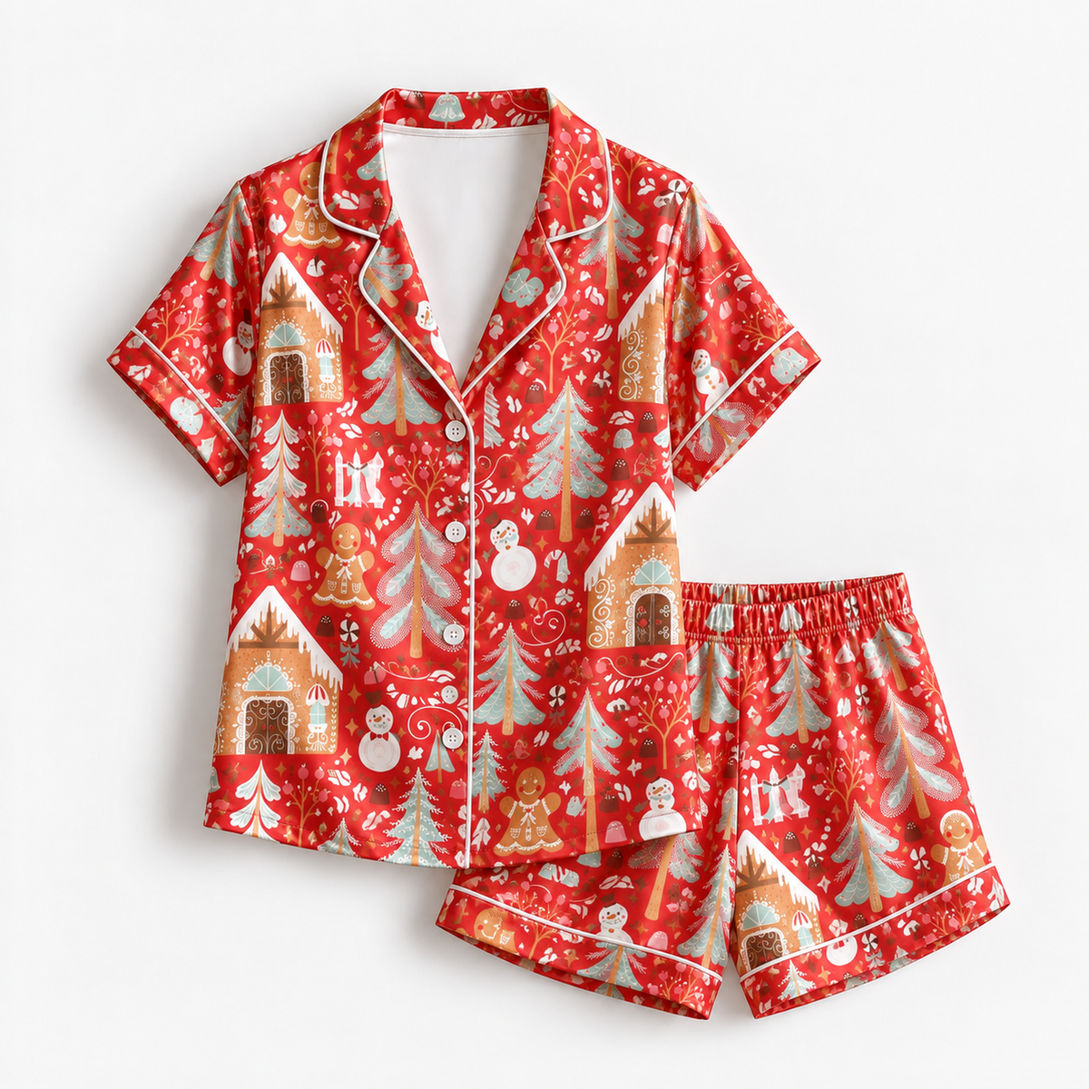PJ-1970-Gingerbread Christmas Satin Pajama Set, Santa Tree Snowman Festive Holiday Sleepwear