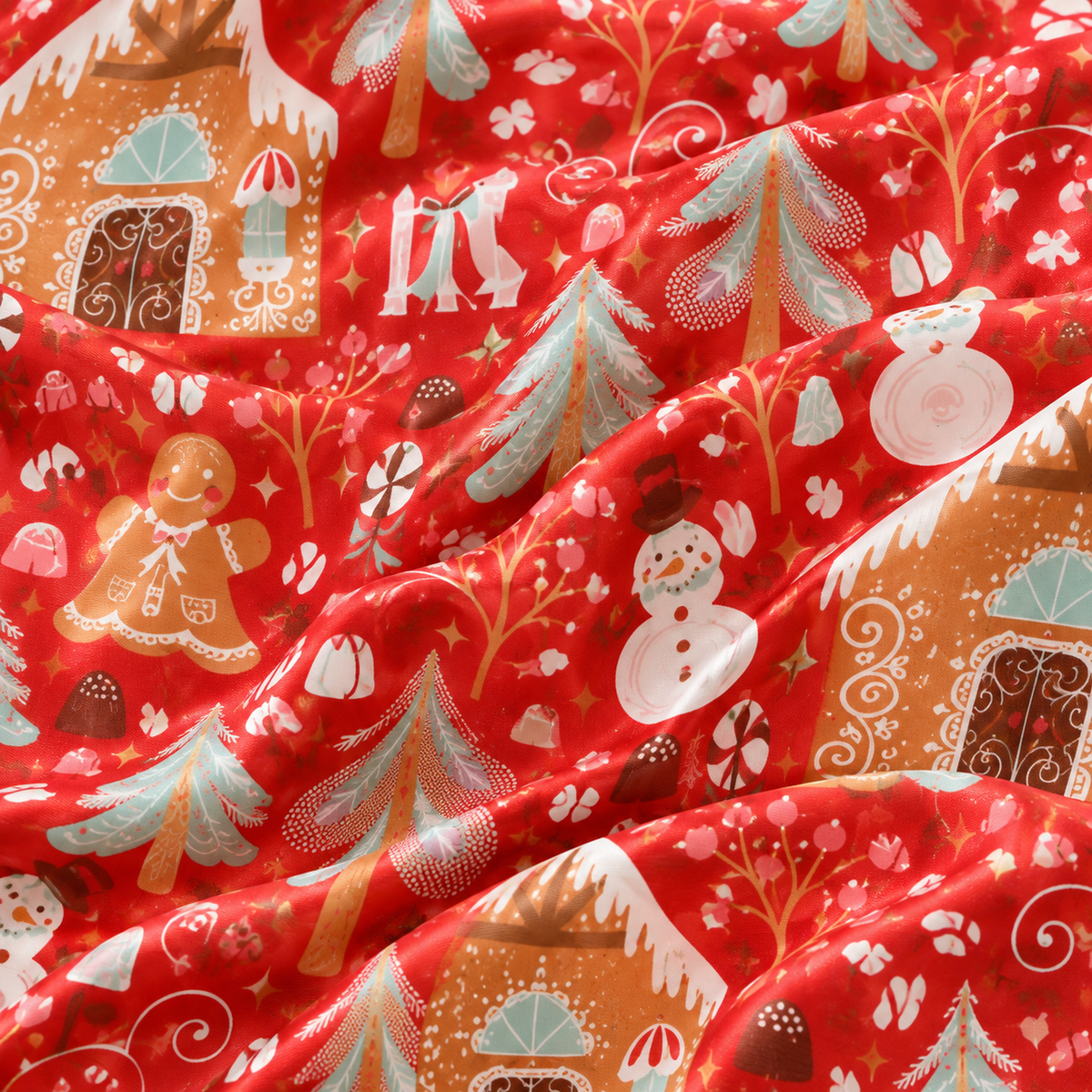 PJ-1970-Gingerbread Christmas Satin Pajama Set, Santa Tree Snowman Festive Holiday Sleepwear