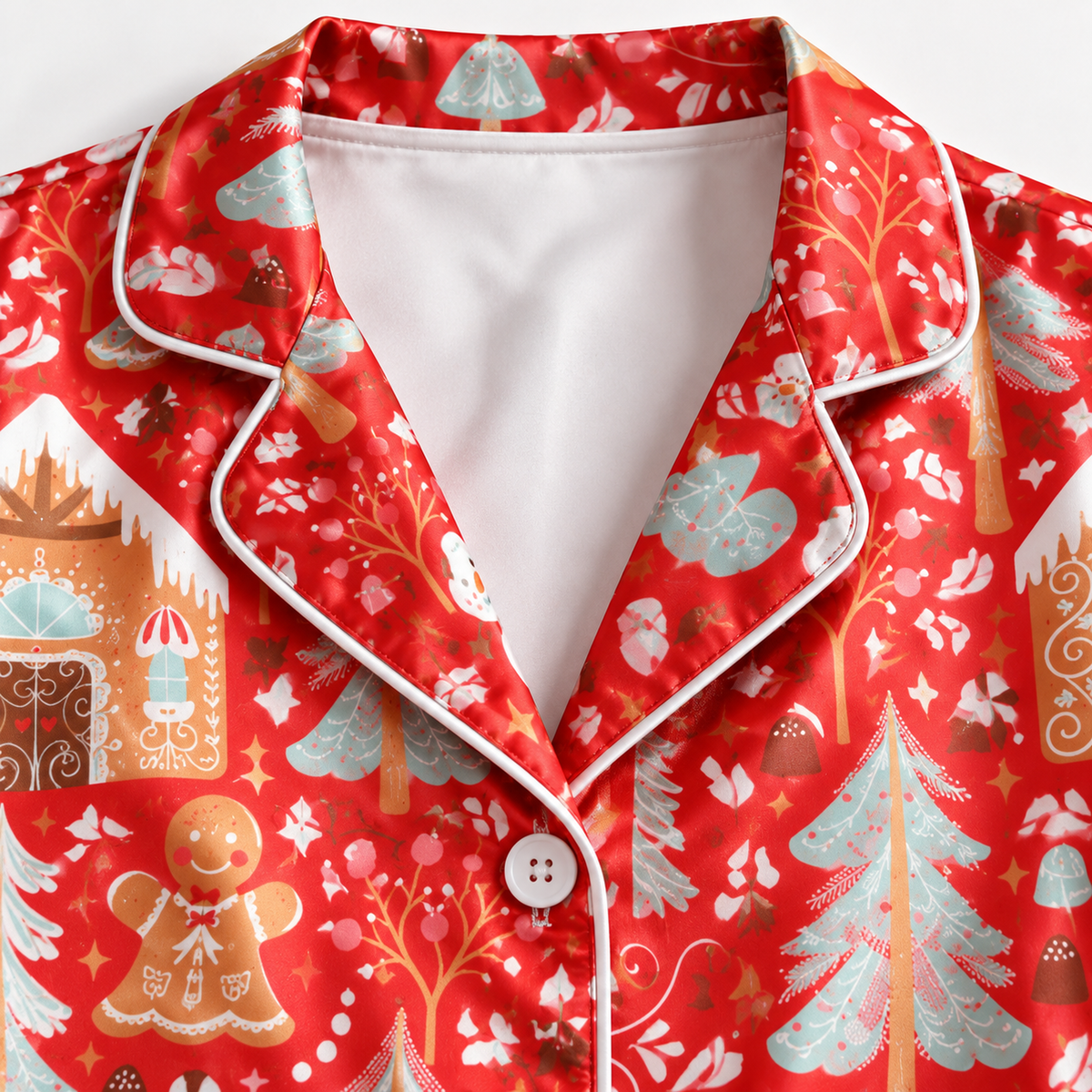 PJ-1970-Gingerbread Christmas Satin Pajama Set, Santa Tree Snowman Festive Holiday Sleepwear