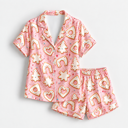 PJ-1972-Pink Gingerbread Christmas Satin Pajama Set, Cookie Candy Cane Festive Holiday Sleepwear