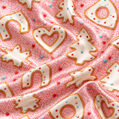 PJ-1972-Pink Gingerbread Christmas Satin Pajama Set, Cookie Candy Cane Festive Holiday Sleepwear