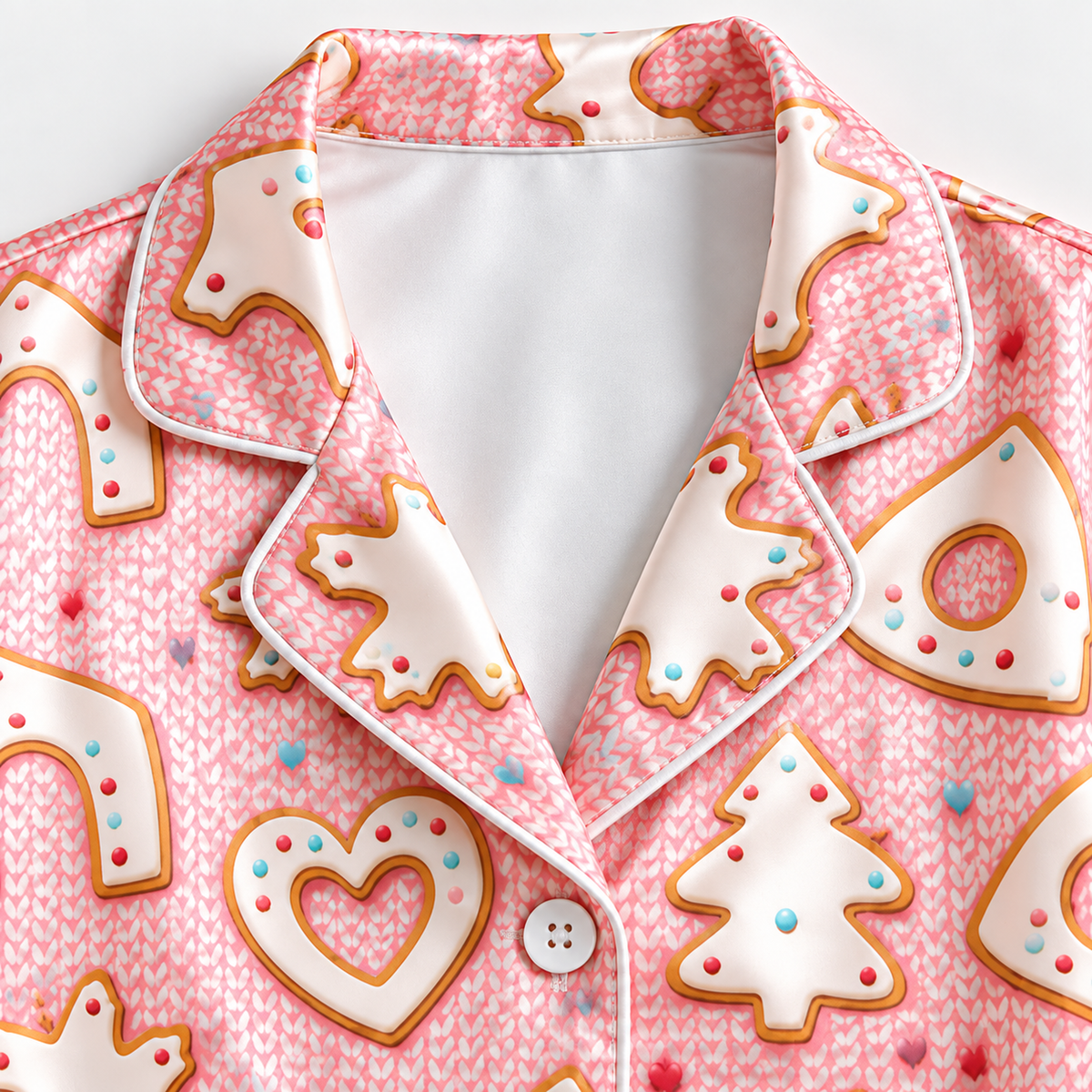 PJ-1972-Pink Gingerbread Christmas Satin Pajama Set, Cookie Candy Cane Festive Holiday Sleepwear