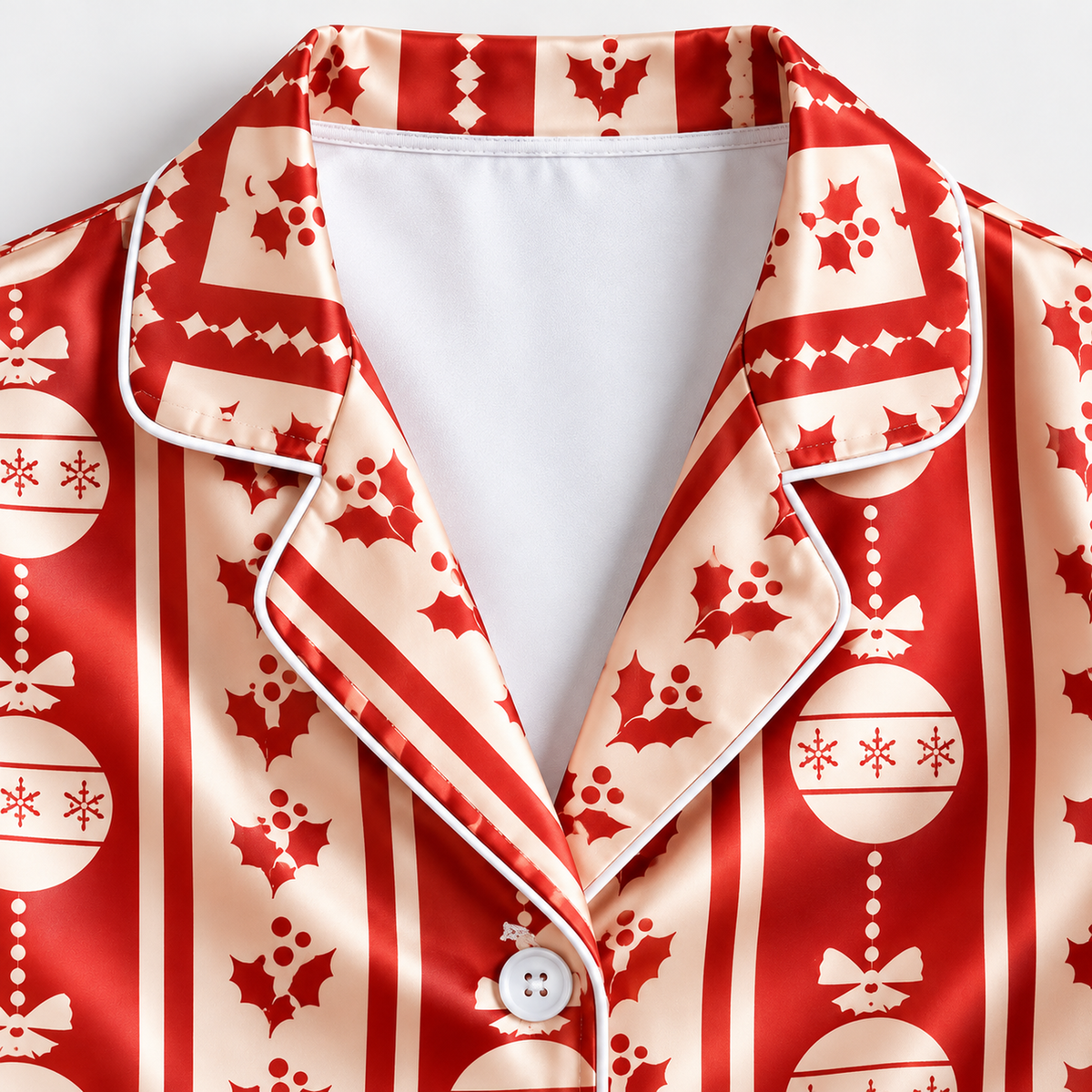 PJ-1973-Vintage Ornament Christmas Satin Pajama Set, Red Stripe Holly Festive Holiday Sleepwear