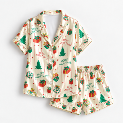 PJ-1974-Merry Christmas Satin Pajama Set, Gift Tree Vintage Stripe Festive Holiday Sleepwear
