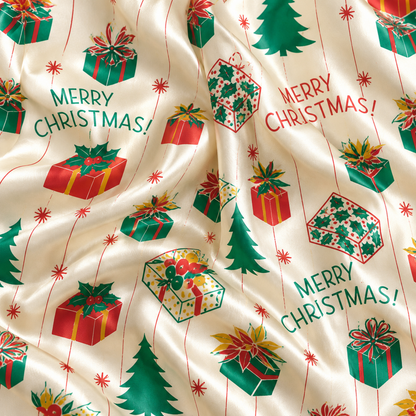 PJ-1974-Merry Christmas Satin Pajama Set, Gift Tree Vintage Stripe Festive Holiday Sleepwear