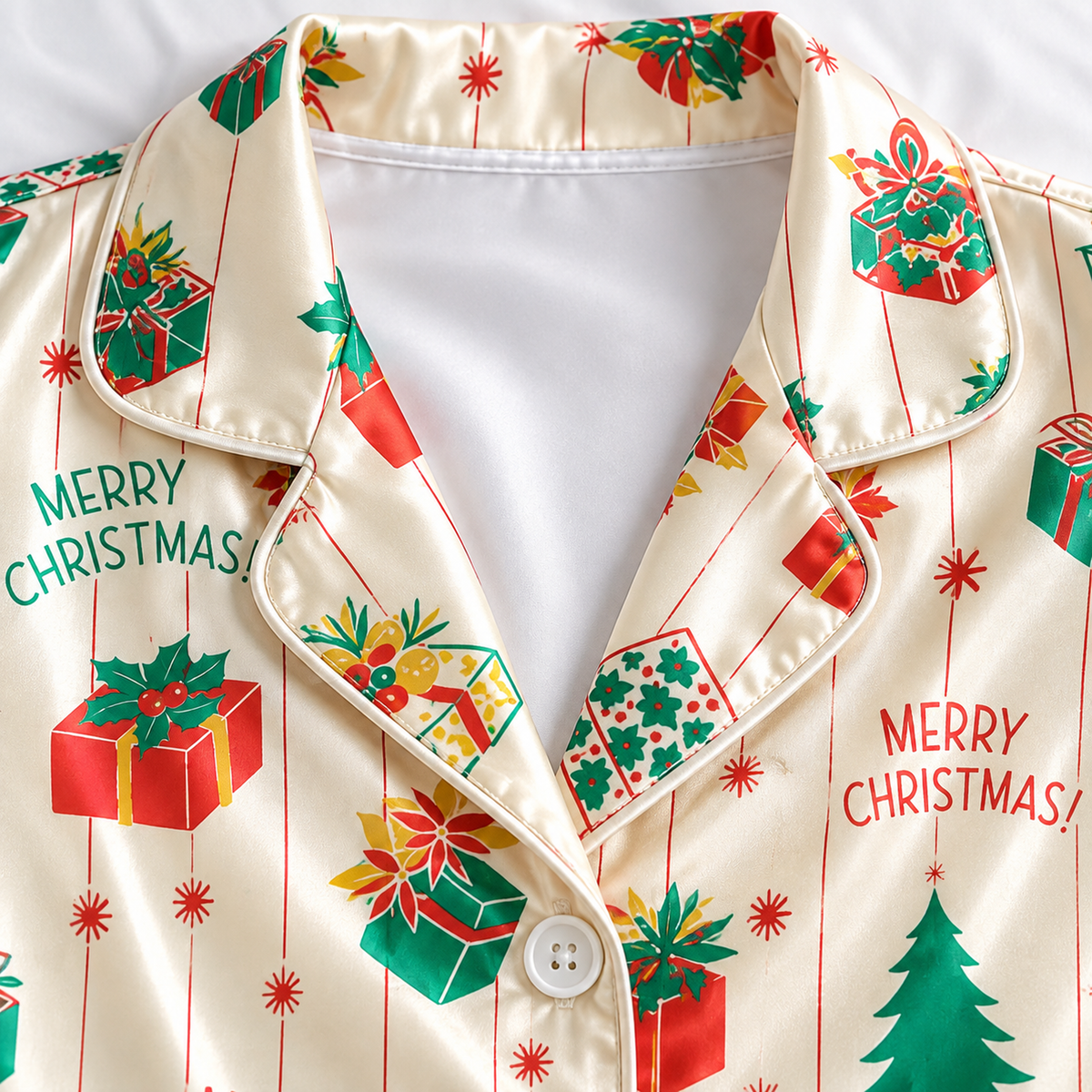 PJ-1974-Merry Christmas Satin Pajama Set, Gift Tree Vintage Stripe Festive Holiday Sleepwear