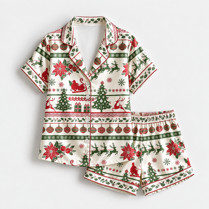 PJ-1975-Vintage Christmas Reindeer Satin Pajama Set, Santa Sleigh Poinsettia Festive Holiday Sleepwear