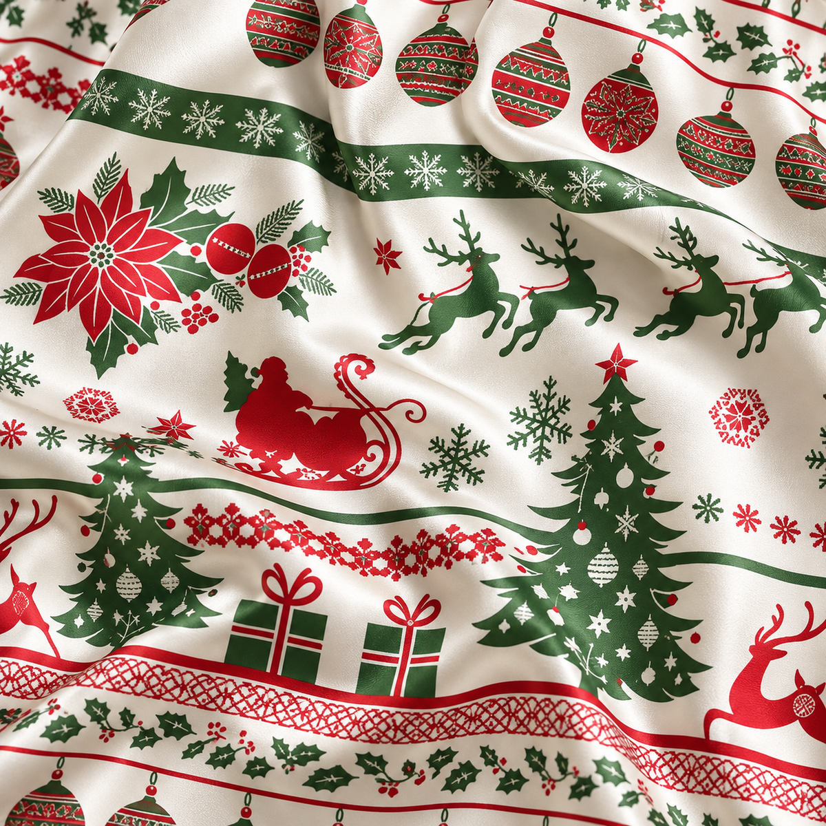 PJ-1975-Vintage Christmas Reindeer Satin Pajama Set, Santa Sleigh Poinsettia Festive Holiday Sleepwear