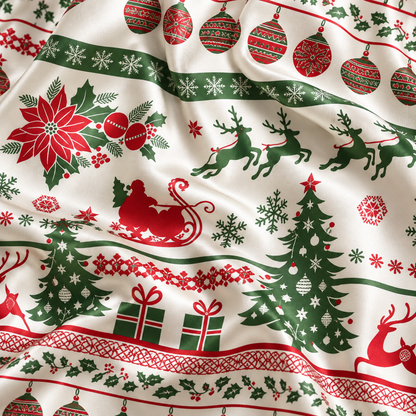 PJ-1975-Vintage Christmas Reindeer Satin Pajama Set, Santa Sleigh Poinsettia Festive Holiday Sleepwear