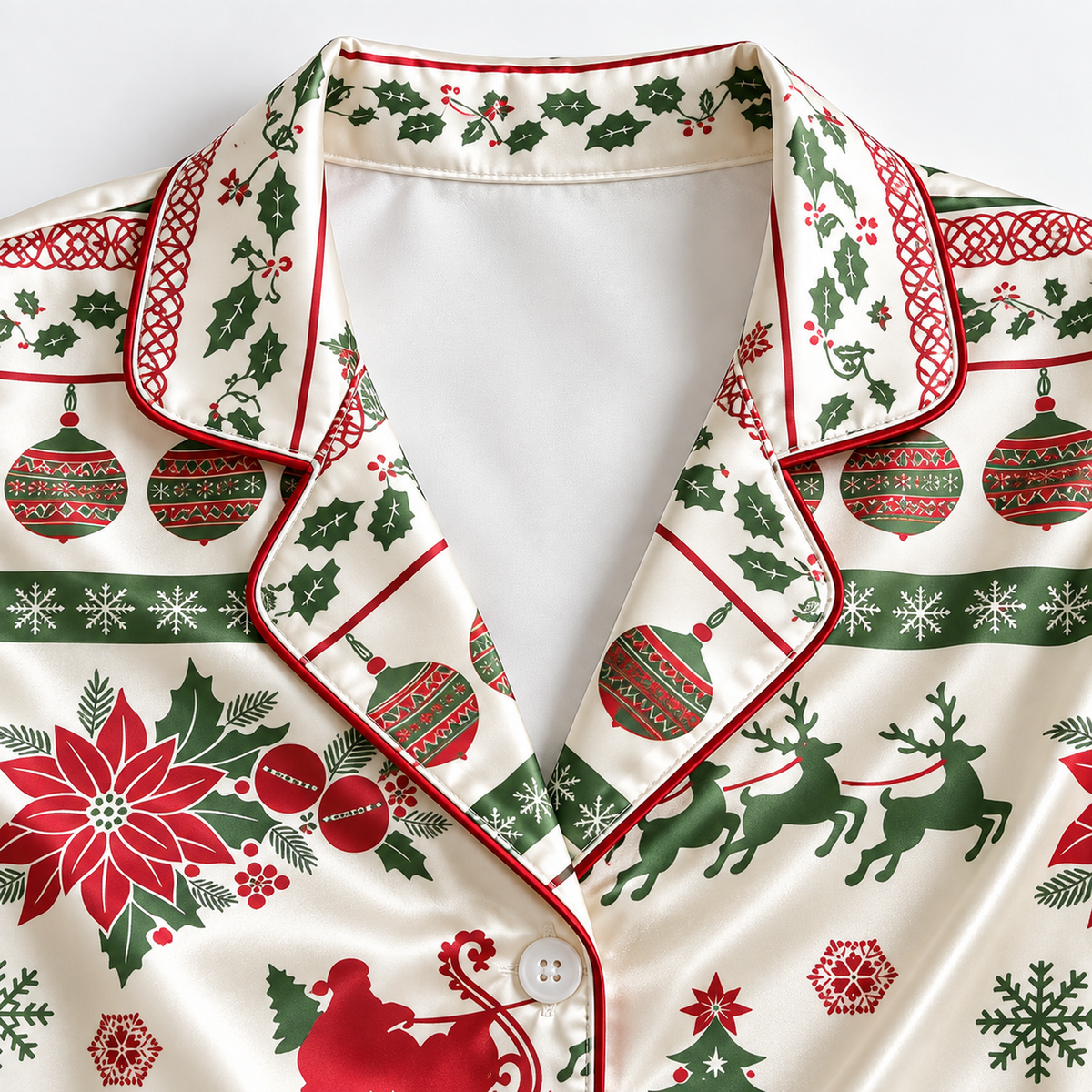 PJ-1975-Vintage Christmas Reindeer Satin Pajama Set, Santa Sleigh Poinsettia Festive Holiday Sleepwear