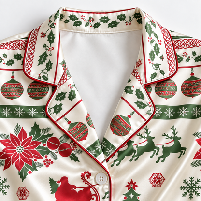 PJ-1975-Vintage Christmas Reindeer Satin Pajama Set, Santa Sleigh Poinsettia Festive Holiday Sleepwear