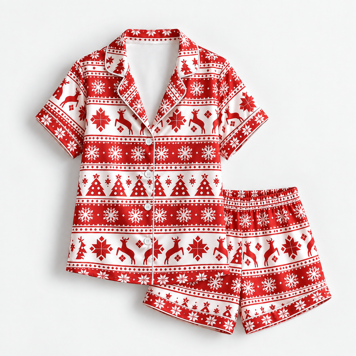 PJ-1977-Nordic Christmas Reindeer Satin Pajama Set, Snowflake Tree Red Festive Holiday Sleepwear