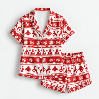 PJ-1977-Nordic Christmas Reindeer Satin Pajama Set, Snowflake Tree Red Festive Holiday Sleepwear