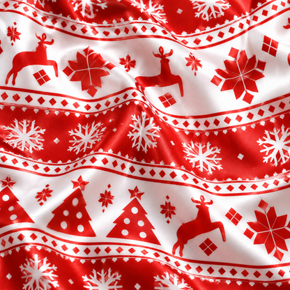 PJ-1977-Nordic Christmas Reindeer Satin Pajama Set, Snowflake Tree Red Festive Holiday Sleepwear