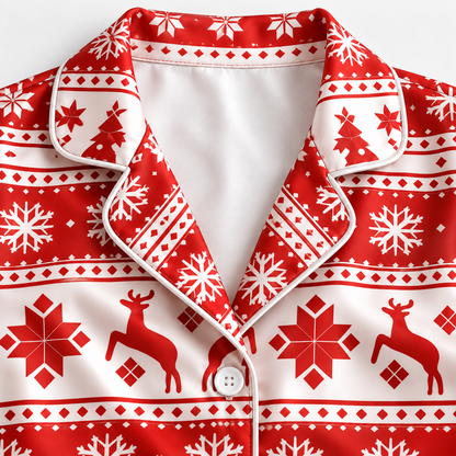 PJ-1977-Nordic Christmas Reindeer Satin Pajama Set, Snowflake Tree Red Festive Holiday Sleepwear