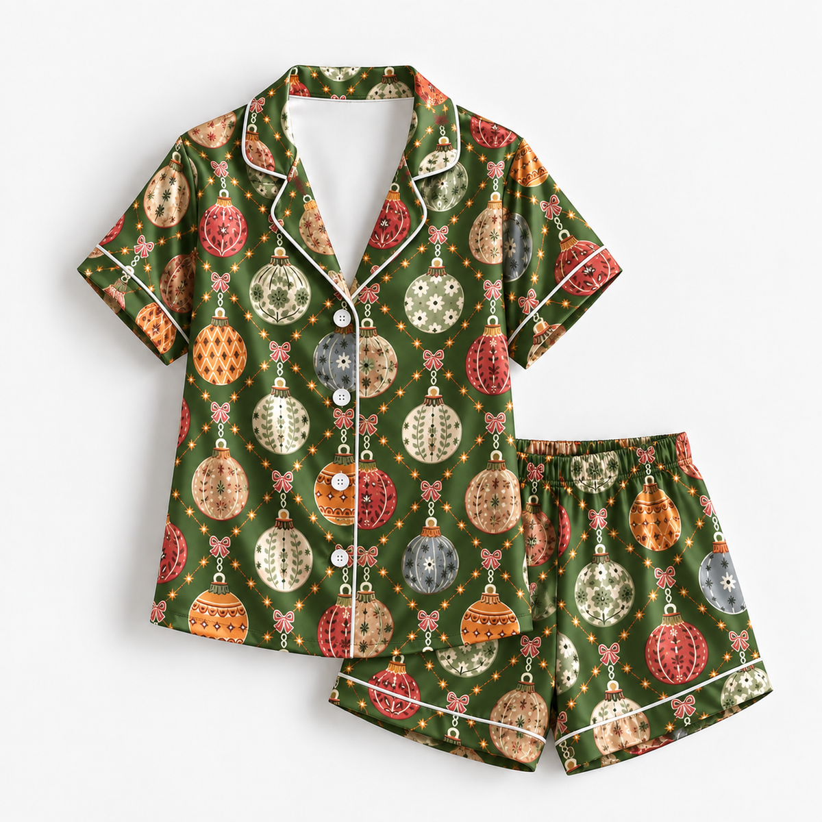 PJ-1978-Vintage Christmas Ornament Satin Pajama Set, Green Bauble Festive Holiday Sleepwear