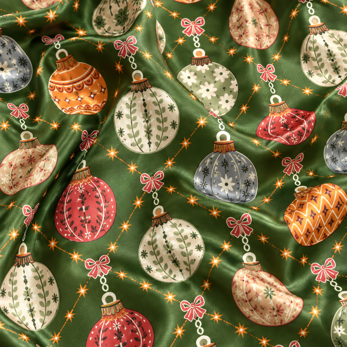 PJ-1978-Vintage Christmas Ornament Satin Pajama Set, Green Bauble Festive Holiday Sleepwear