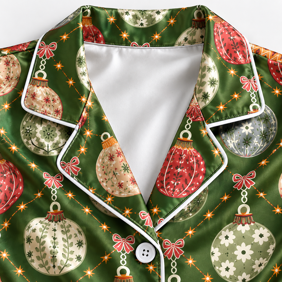 PJ-1978-Vintage Christmas Ornament Satin Pajama Set, Green Bauble Festive Holiday Sleepwear