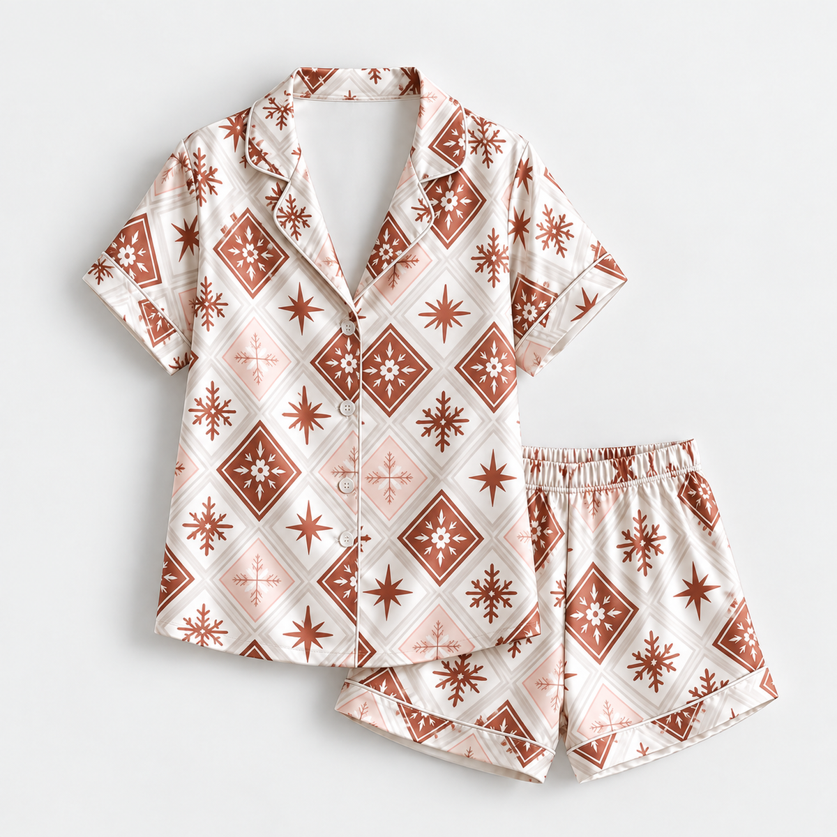 PJ-1979-Snowflake Winter Satin Pajama Set, Geometric Star Cozy Holiday Sleepwear