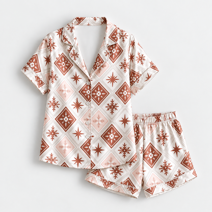 PJ-1979-Snowflake Winter Satin Pajama Set, Geometric Star Cozy Holiday Sleepwear