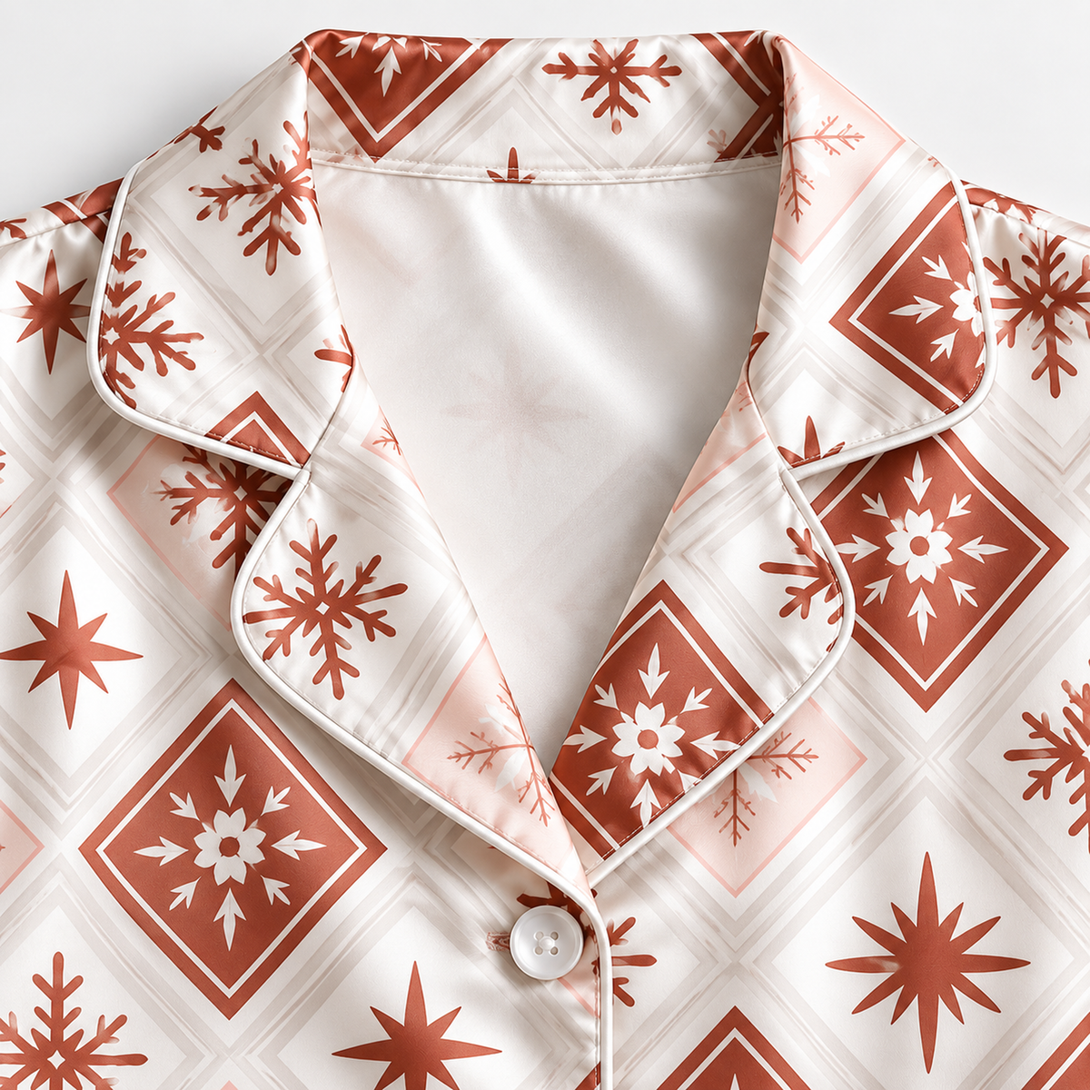 PJ-1979-Snowflake Winter Satin Pajama Set, Geometric Star Cozy Holiday Sleepwear