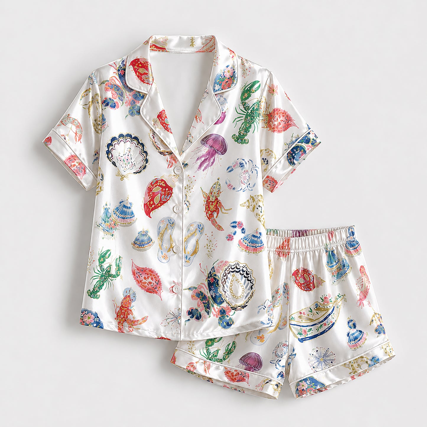 PJ-198-Coastal Summer Satin Sleepwear Set With Shell Crab Sandal Print And Comfortable Matching Bottoms FREE SHIPING