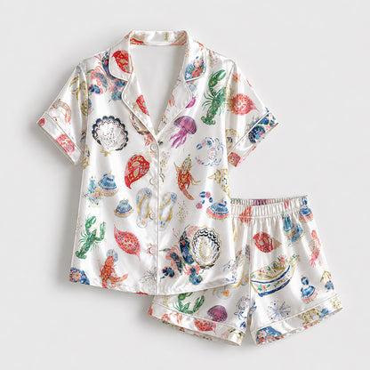 PJ-198-Coastal Summer Satin Sleepwear Set With Shell Crab Sandal Print And Comfortable Matching Bottoms FREE SHIPING