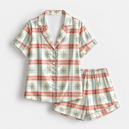 PJ-1980-Plaid Snowflake Winter Satin Pajama Set, Cozy Nordic Holiday Sleepwear