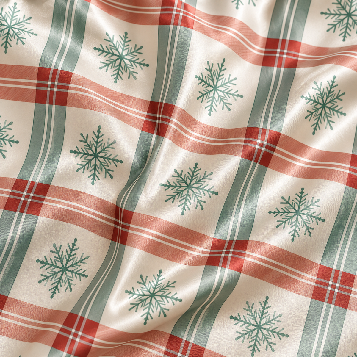 PJ-1980-Plaid Snowflake Winter Satin Pajama Set, Cozy Nordic Holiday Sleepwear