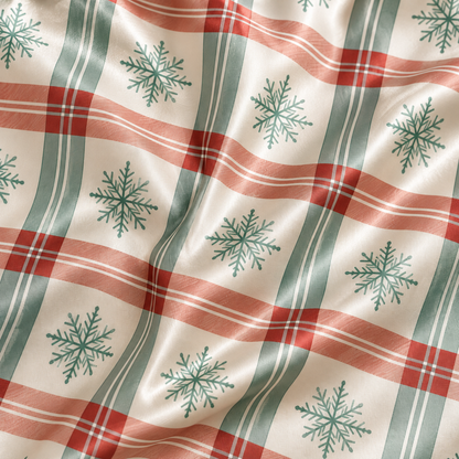 PJ-1980-Plaid Snowflake Winter Satin Pajama Set, Cozy Nordic Holiday Sleepwear