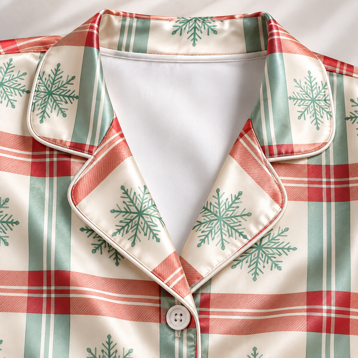 PJ-1980-Plaid Snowflake Winter Satin Pajama Set, Cozy Nordic Holiday Sleepwear