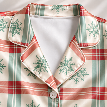 PJ-1980-Plaid Snowflake Winter Satin Pajama Set, Cozy Nordic Holiday Sleepwear