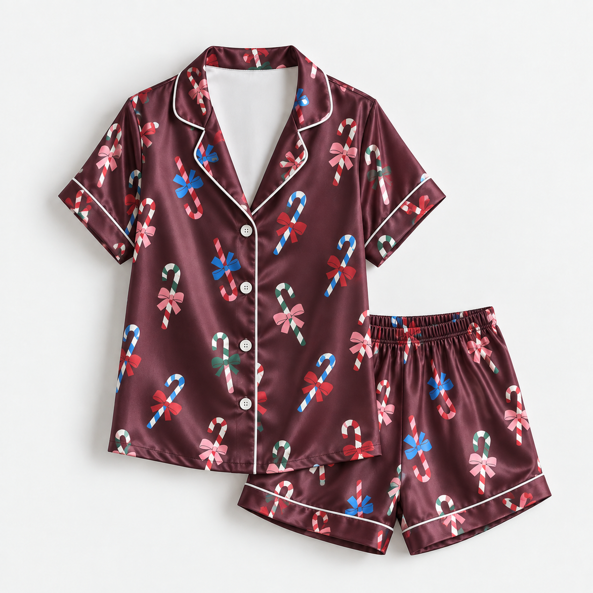 PJ-1981-Candy Cane Bow Christmas Satin Pajama Set, Festive Holiday Cozy Sleepwear