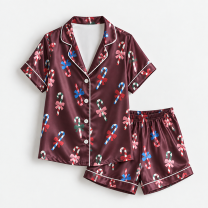 PJ-1981-Candy Cane Bow Christmas Satin Pajama Set, Festive Holiday Cozy Sleepwear