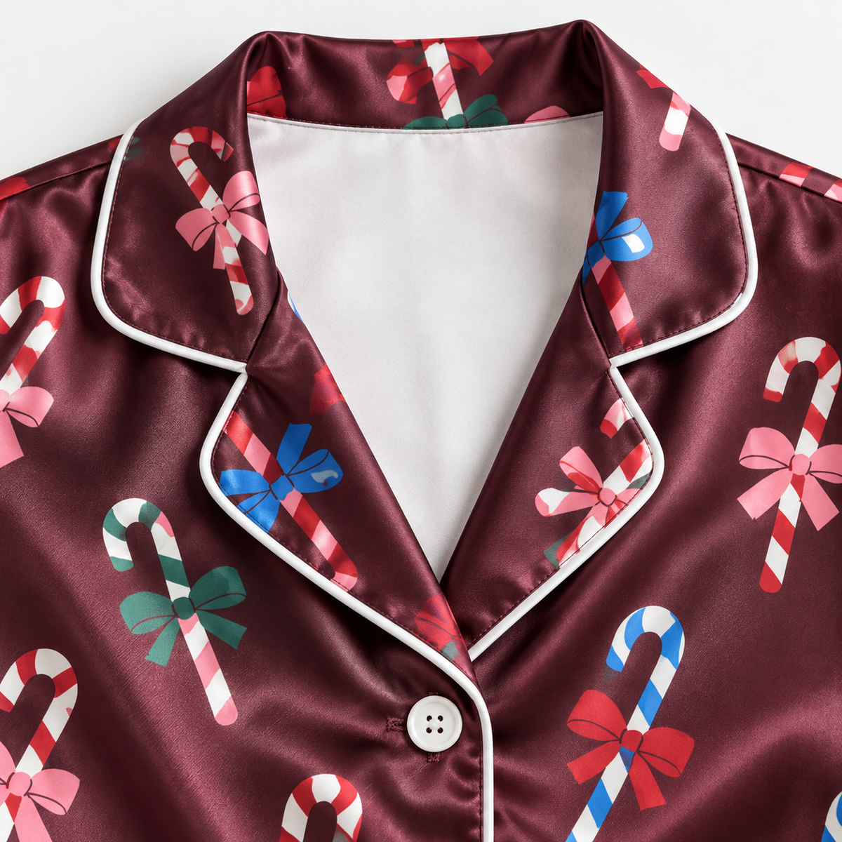 PJ-1981-Candy Cane Bow Christmas Satin Pajama Set, Festive Holiday Cozy Sleepwear