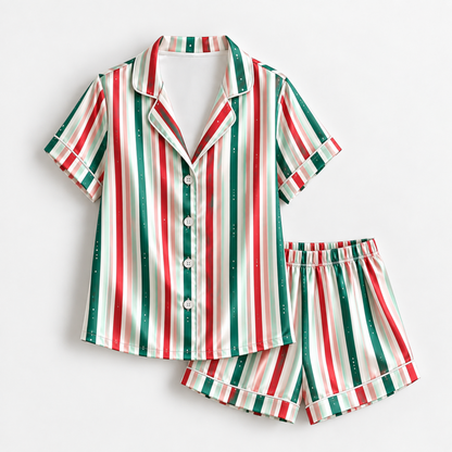 PJ-1984-Christmas Stripe Satin Pajama Set, Red Green Festive Holiday Cozy Sleepwear