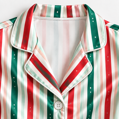 PJ-1984-Christmas Stripe Satin Pajama Set, Red Green Festive Holiday Cozy Sleepwear