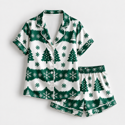 PJ-1985-Christmas Tree Snowflake Satin Pajama Set, Green Nordic Festive Holiday Cozy Sleepwear