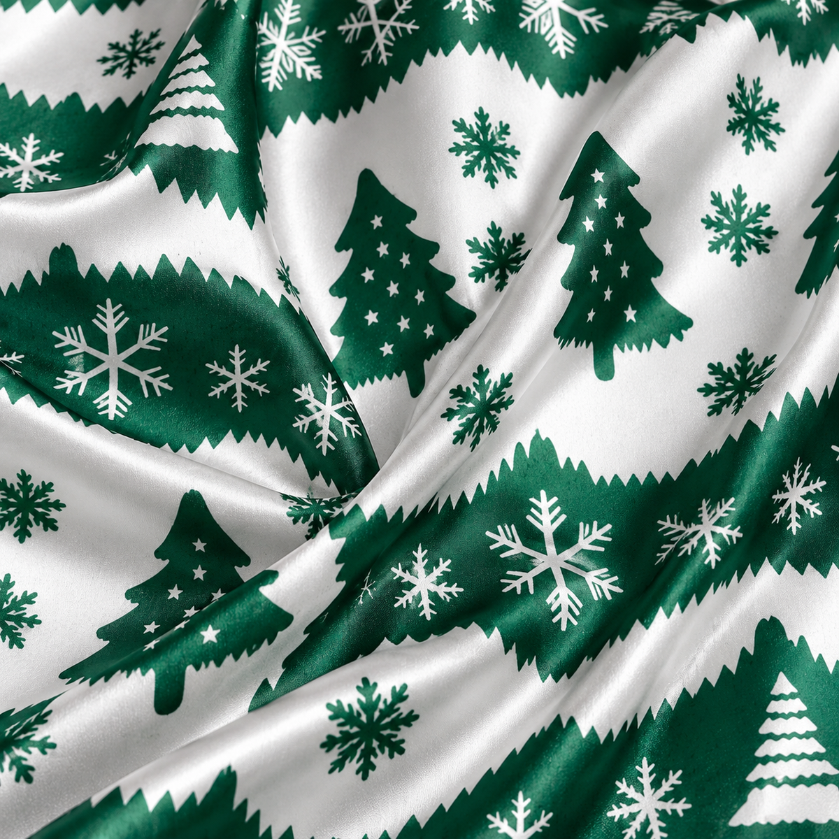 PJ-1985-Christmas Tree Snowflake Satin Pajama Set, Green Nordic Festive Holiday Cozy Sleepwear