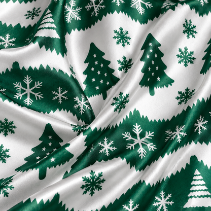 PJ-1985-Christmas Tree Snowflake Satin Pajama Set, Green Nordic Festive Holiday Cozy Sleepwear