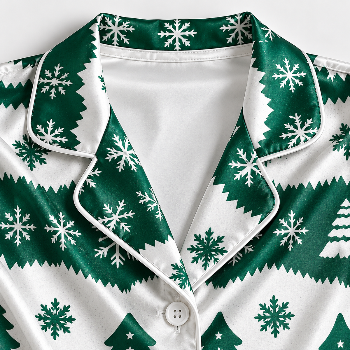 PJ-1985-Christmas Tree Snowflake Satin Pajama Set, Green Nordic Festive Holiday Cozy Sleepwear