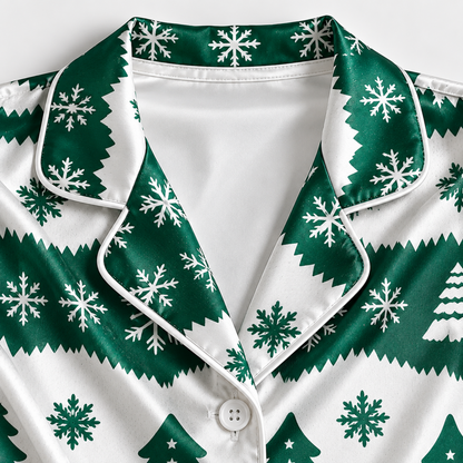 PJ-1985-Christmas Tree Snowflake Satin Pajama Set, Green Nordic Festive Holiday Cozy Sleepwear