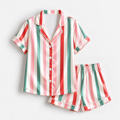 PJ-1986-Christmas Stripe Satin Pajama Set, Red Green Pink Festive Holiday Cozy Sleepwear