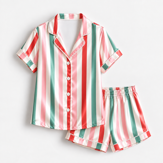 PJ-1986-Christmas Stripe Satin Pajama Set, Red Green Pink Festive Holiday Cozy Sleepwear