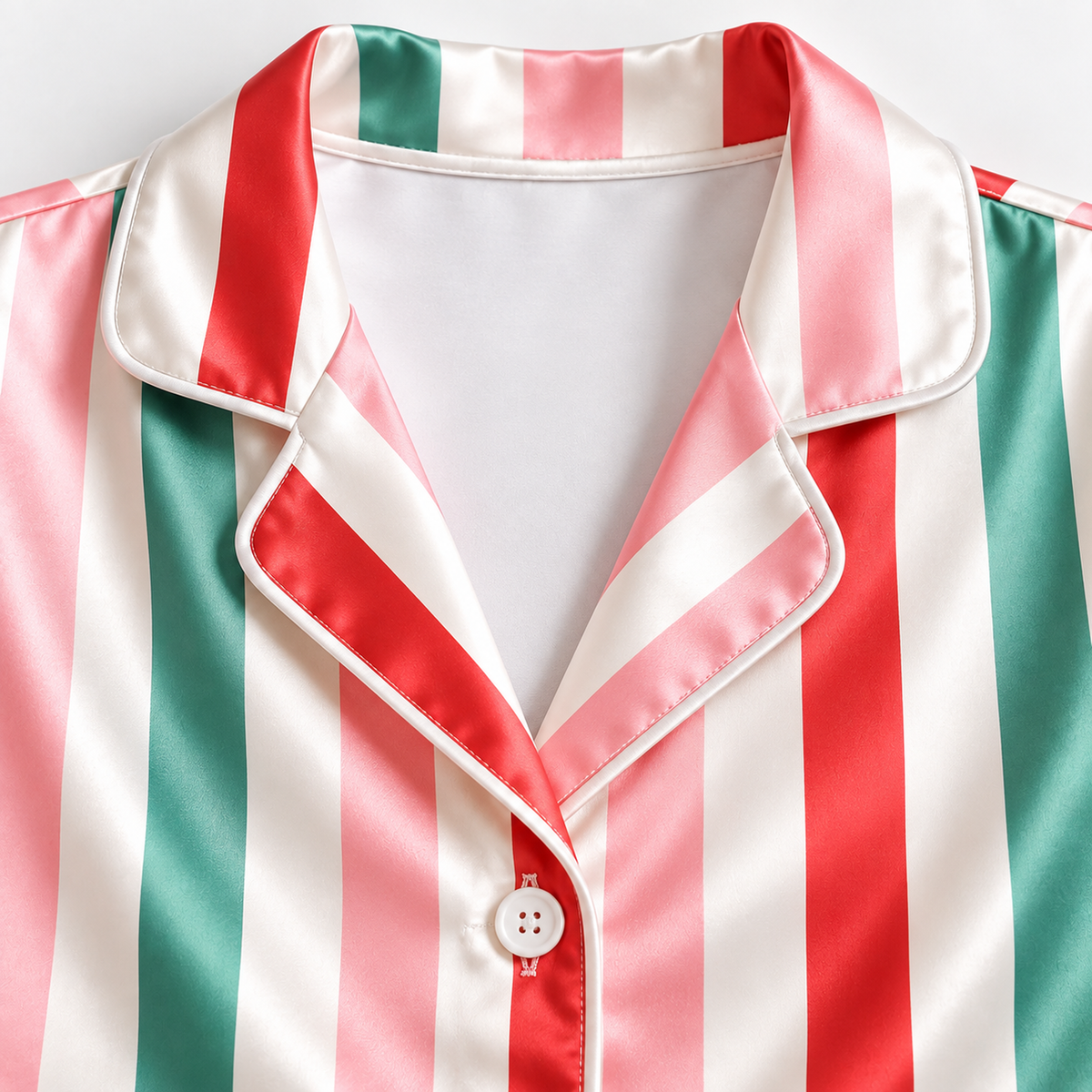 PJ-1986-Christmas Stripe Satin Pajama Set, Red Green Pink Festive Holiday Cozy Sleepwear