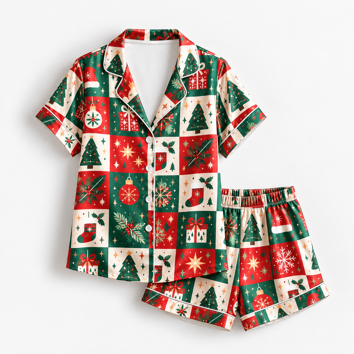 PJ-1988-Vintage Christmas Patchwork Satin Pajama Set, Tree Gift Snowflake Festive Holiday Sleepwear