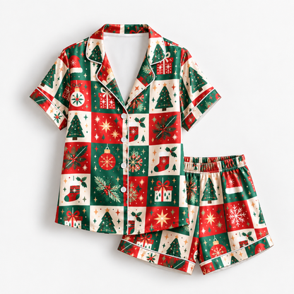 PJ-1988-Vintage Christmas Patchwork Satin Pajama Set, Tree Gift Snowflake Festive Holiday Sleepwear