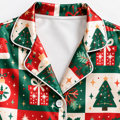 PJ-1988-Vintage Christmas Patchwork Satin Pajama Set, Tree Gift Snowflake Festive Holiday Sleepwear