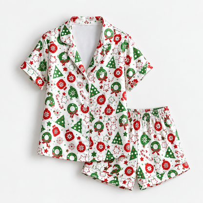 PJ-1989-Christmas Tree Ornament Satin Pajama Set, Candy Cane Snowflake Festive Holiday Sleepwear