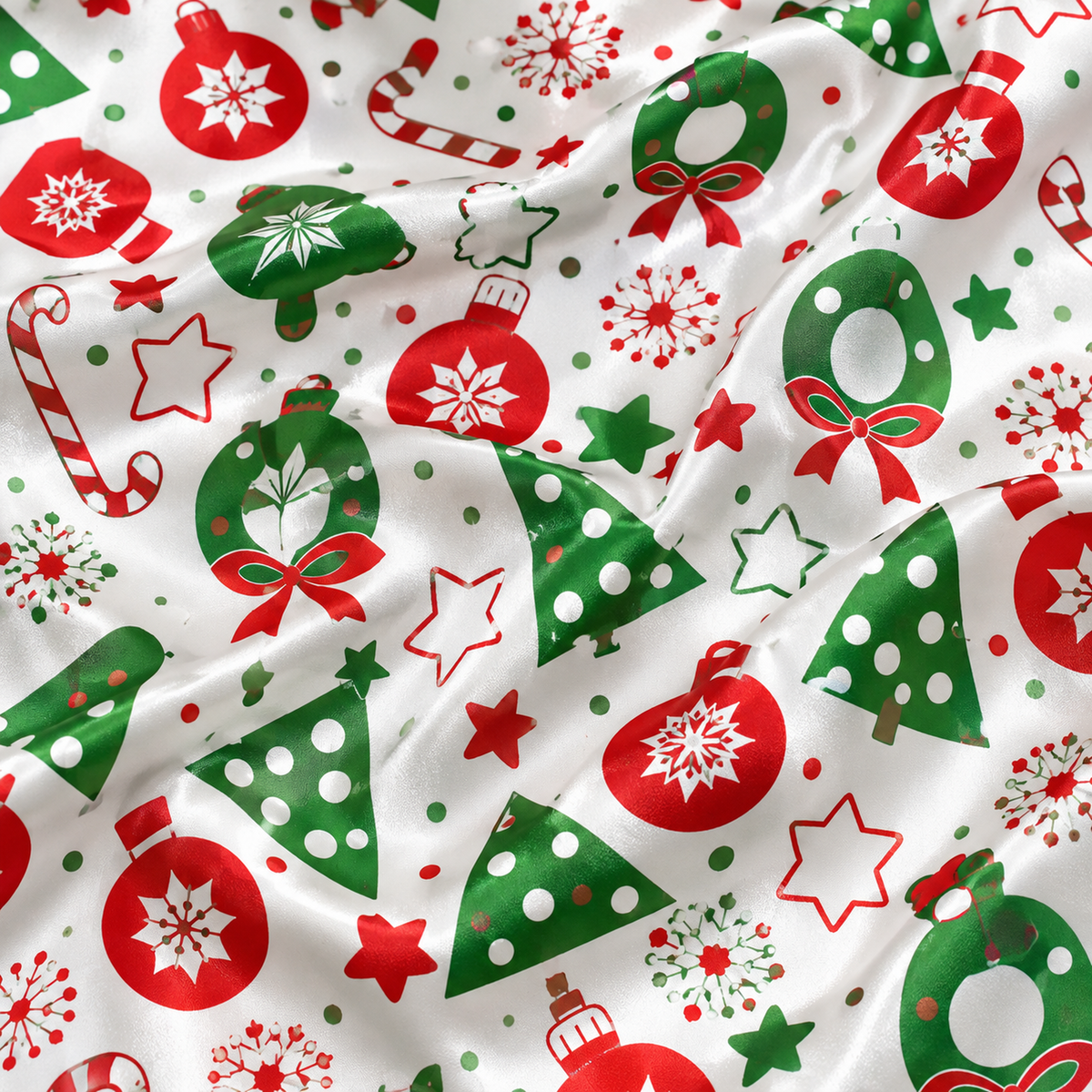 PJ-1989-Christmas Tree Ornament Satin Pajama Set, Candy Cane Snowflake Festive Holiday Sleepwear